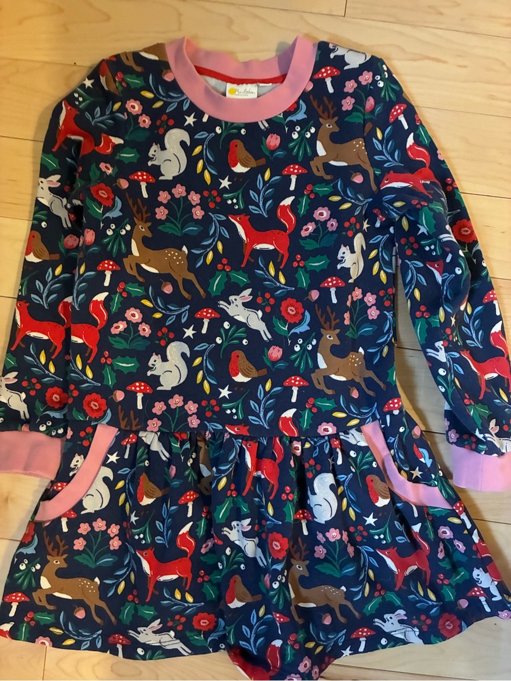Mini Boden Navy Floral Forest Animal Knit Dress with Pink Trim